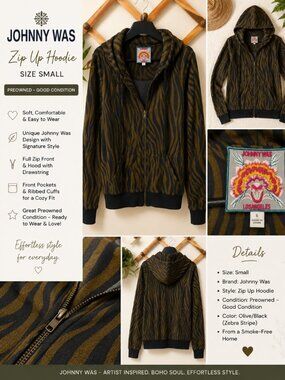 Johnny Was Zebra Print Zip Up Hoodie Small Boho Animal Print Jacket Olive Black